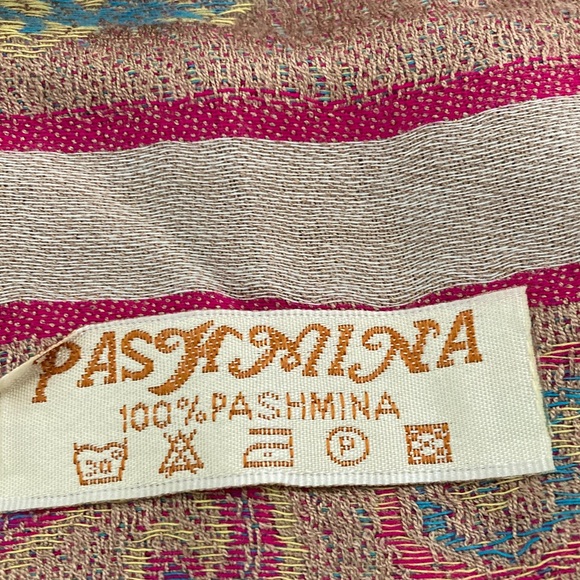 Pashmina 100% Pink Tan Paisley Scarf Wrap Grandma Cottage Romantic - Picture 6 of 6